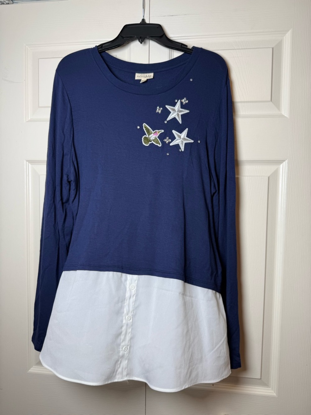 Maison Jules Women’s Navy Applique Layered Pullover Top Shirt